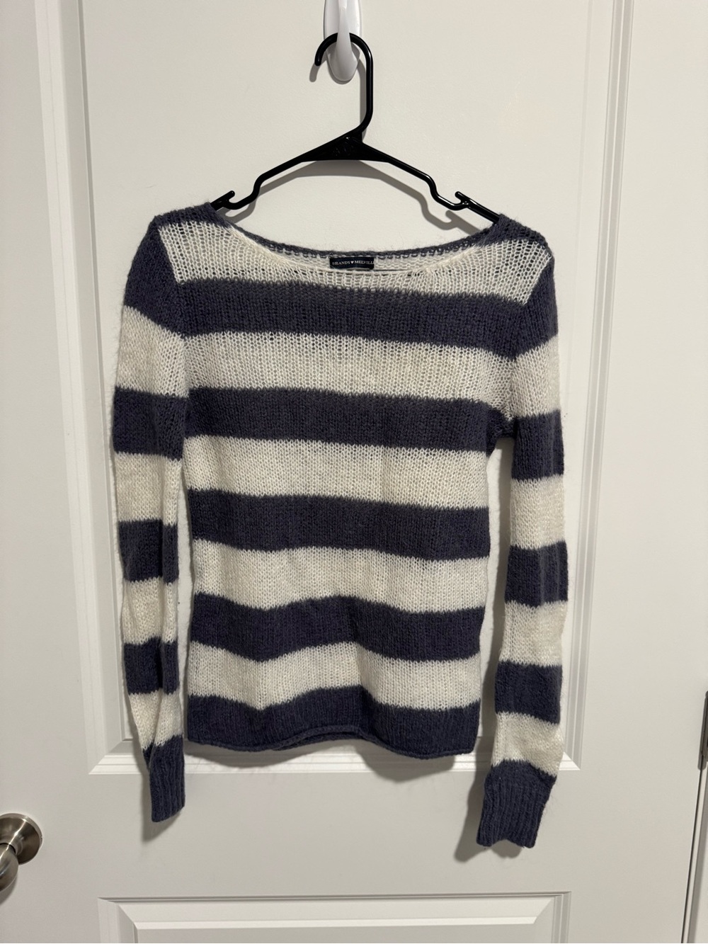 Brandy Melville Navy and Cream Striped Boatneck Sweater